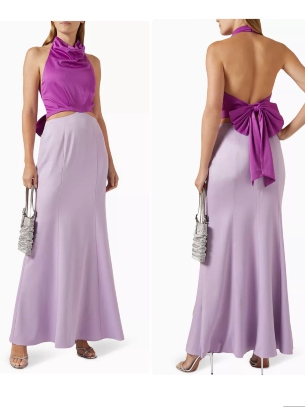 Elliatt Two-Tone Lavender and Fuchsia Maxi Wedding Guest Party Halter Bow Dress